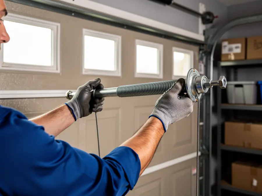A technician in a blue shirt and gloves holds a garage door torsion spring.