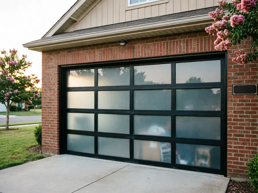 A modern black garage door with frosted glass panels on a brick house.