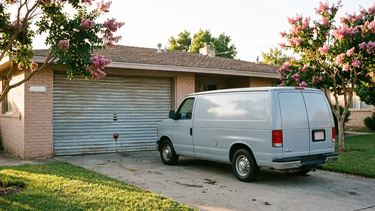 A gray service van is parked in a driveway in front of a house with a garage door.