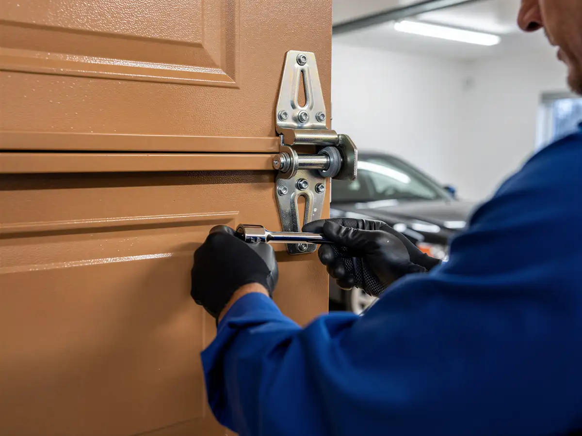 A technician in blue is tightening a hinge on a brown garage door.