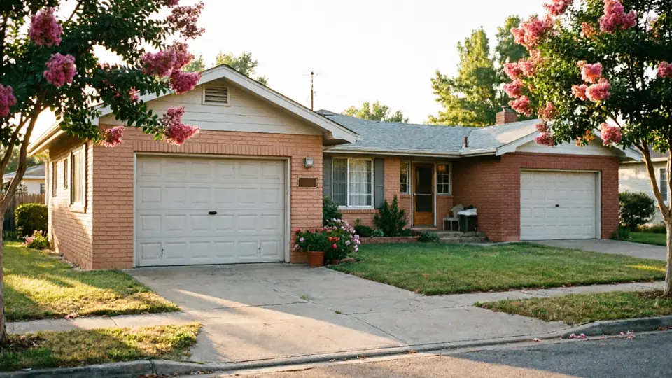 A brick house with two white garage doors and pink flowering trees.