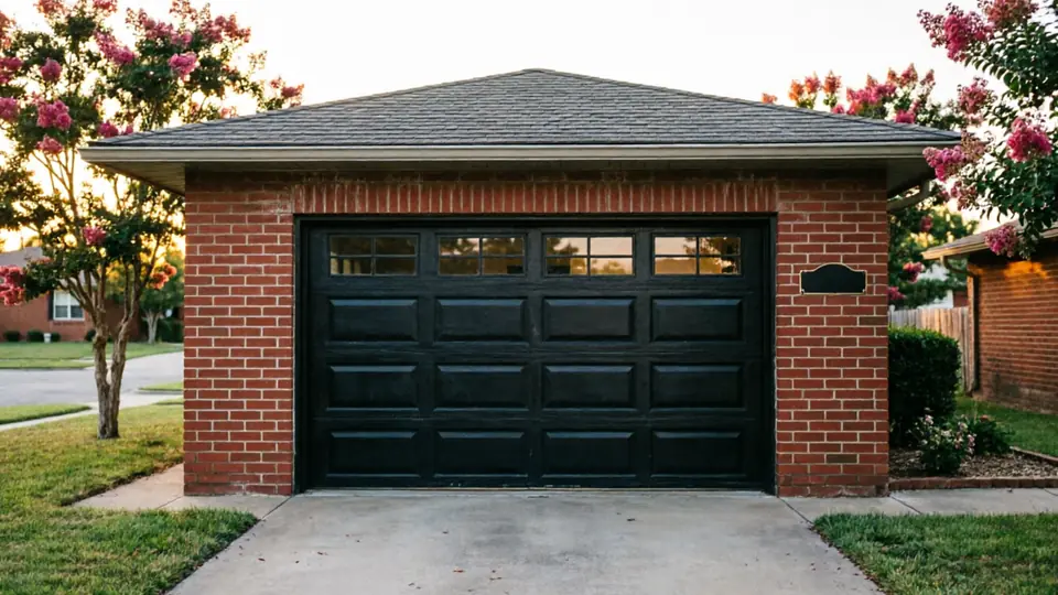 A black garage door with windows is set in a red brick garage.