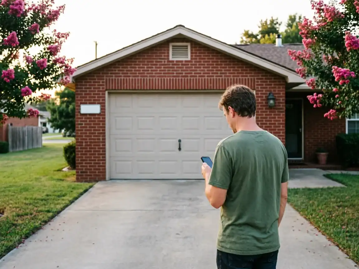 A man stands in a driveway looking at his phone, facing a closed garage door.