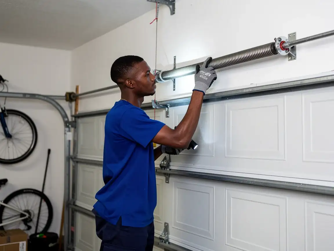 A technician inspects a garage door torsion spring with a flashlight.