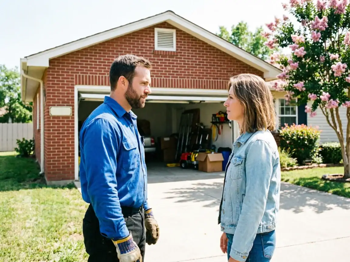 A technician and a woman stand in front of a brick garage with an open door.