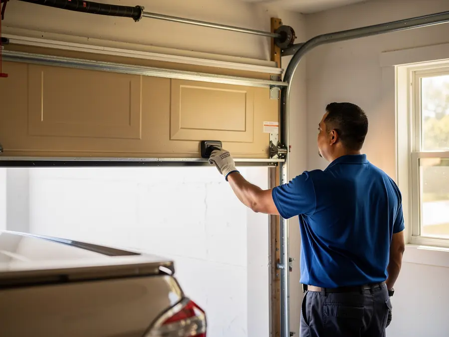 A technician in a blue shirt adjusts a beige garage door.