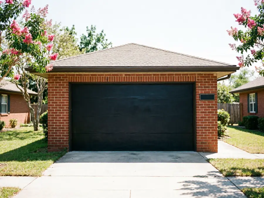 A black garage door on a brick garage with a concrete driveway.