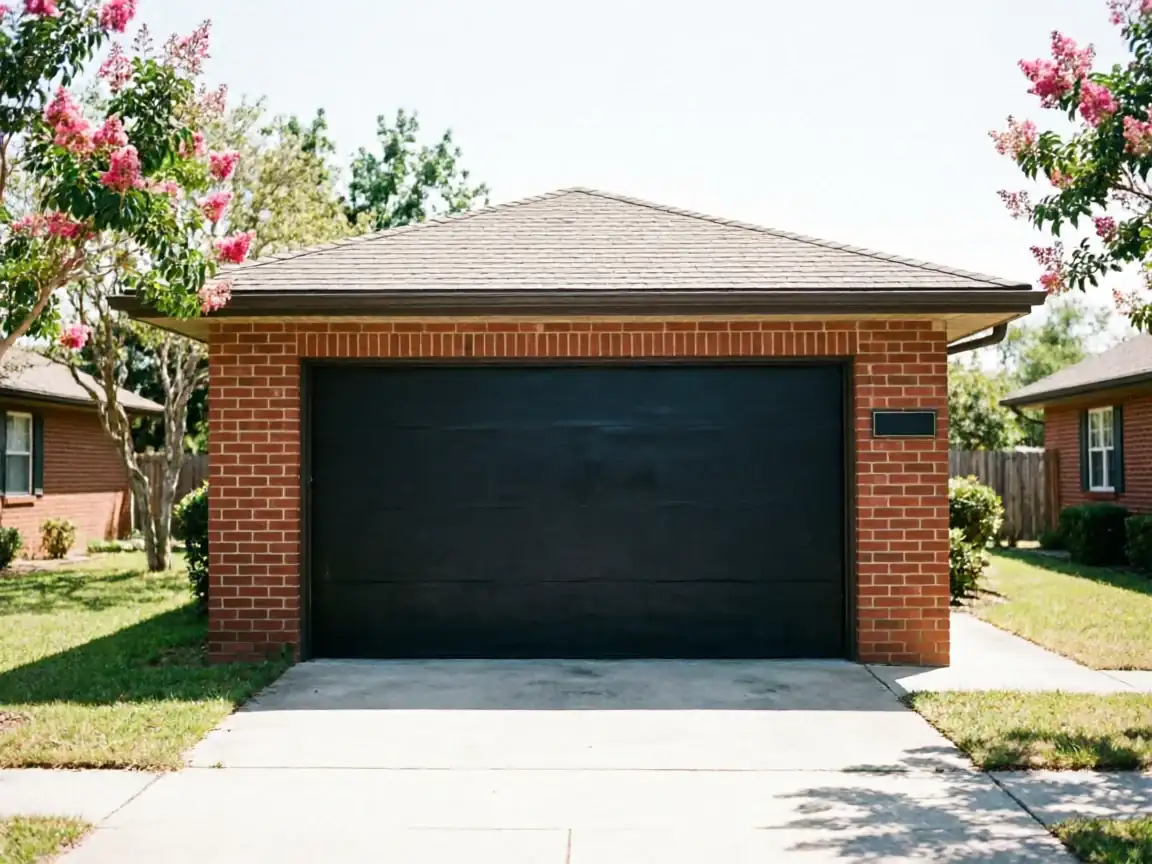 A black garage door on a brick garage with a concrete driveway.