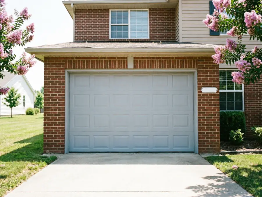 A light gray garage door is on a brick house with pink flowering trees.