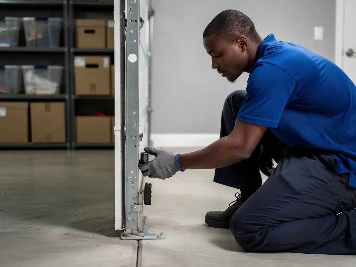 A technician kneels, adjusting a sensor on the bottom of a garage door.