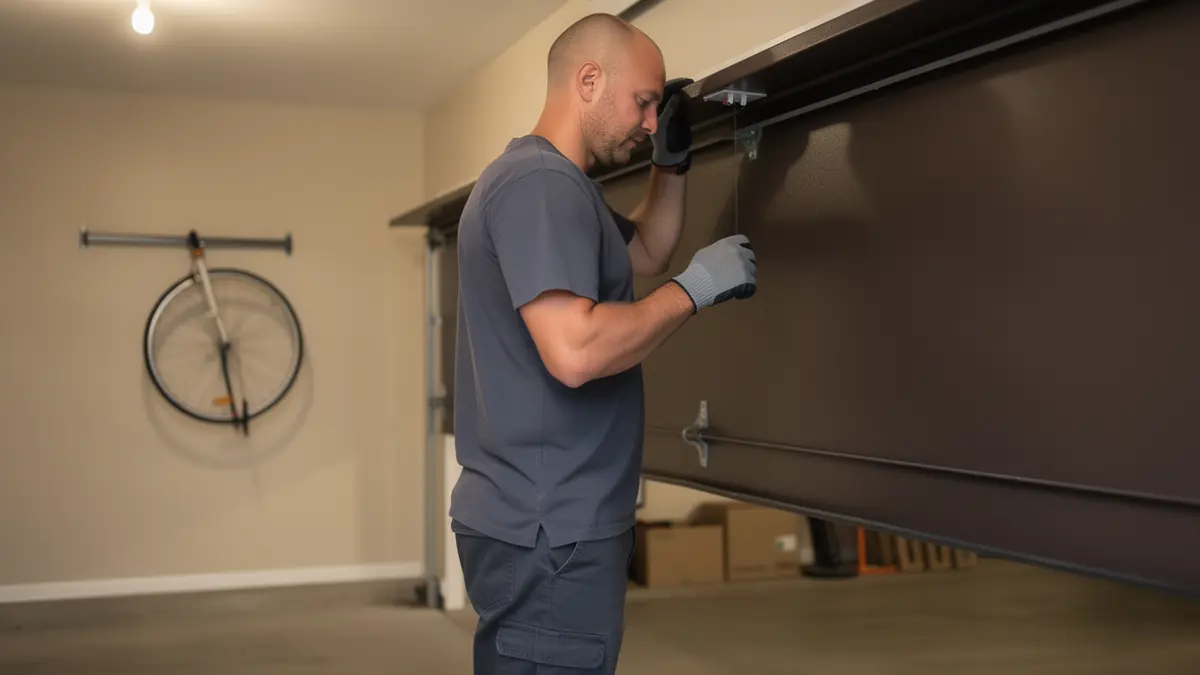 A technician in a gray shirt and gloves works on a brown garage door.