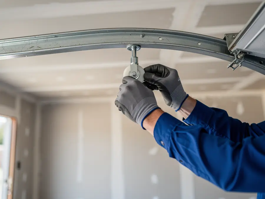 A technician in gloves is installing a garage door roller into a track.
