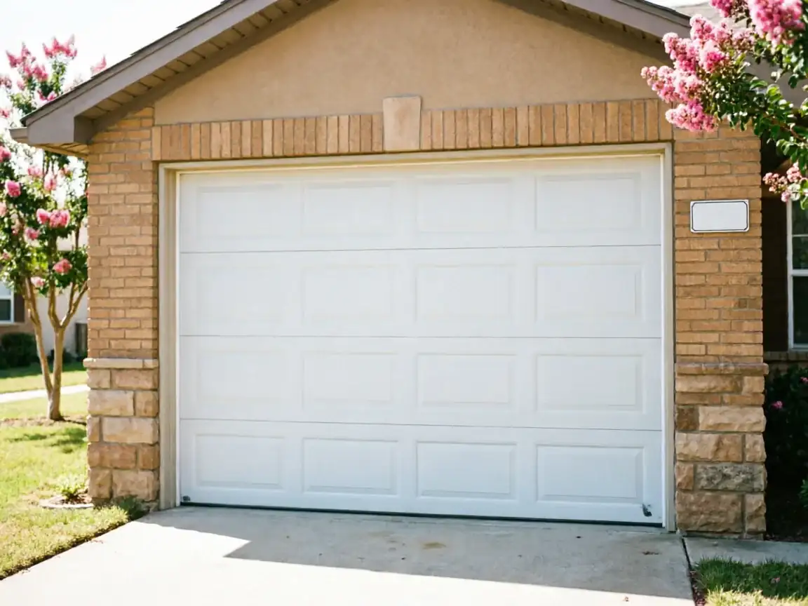 A white garage door is on a brick house with pink flowering trees.