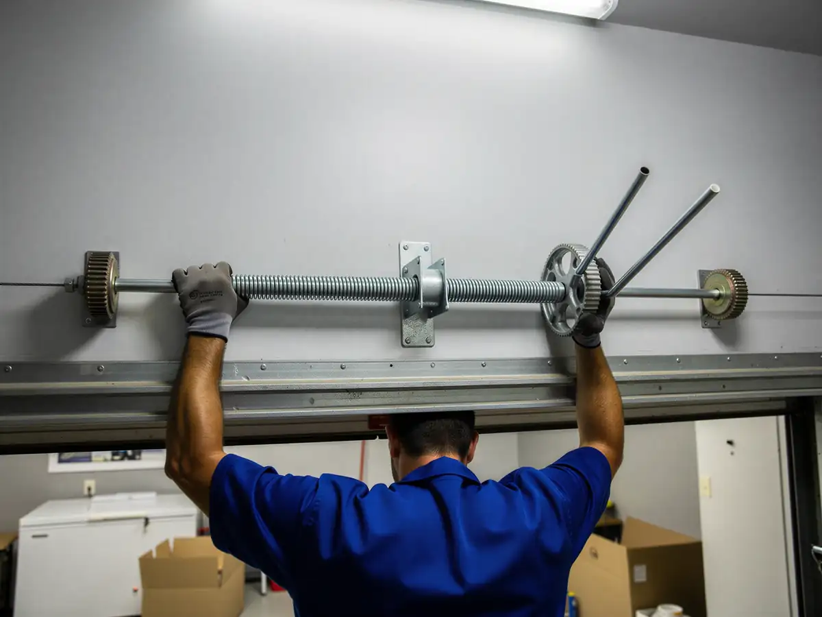 A technician is adjusting a garage door torsion spring with winding bars.