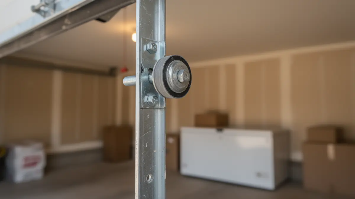 A garage door roller is attached to a metal track inside a garage.